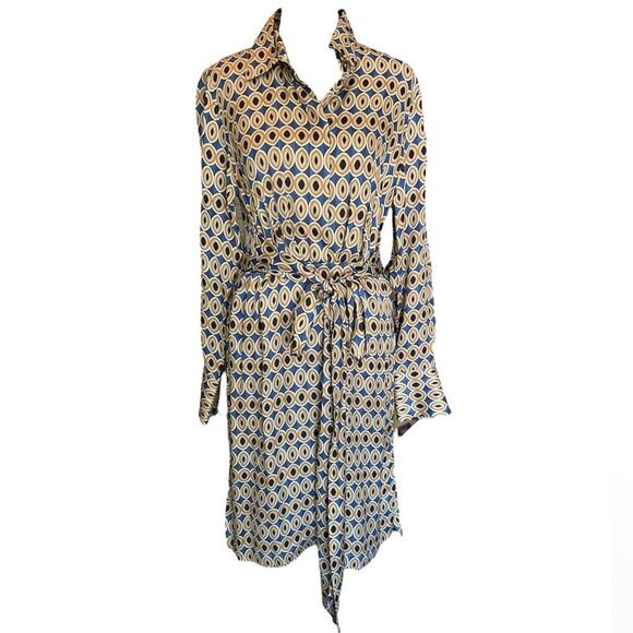 Robert Friedman Blue Gold Printed Button Down Tie Waist Dress Size XS - Picture 1 of 13